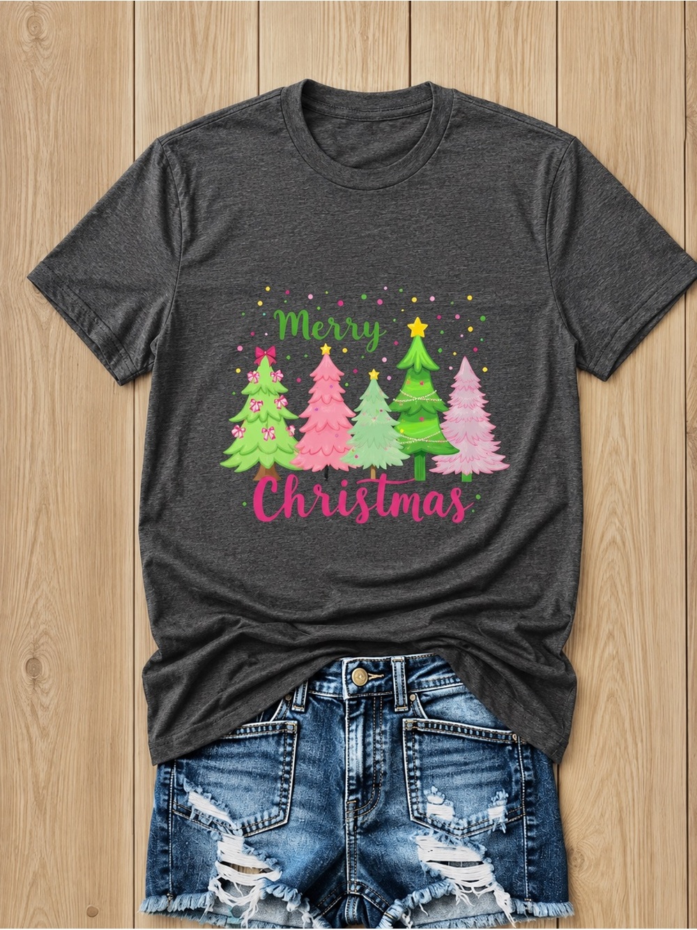 Merry Christmas Pink & Green Graphic Holiday Tee
